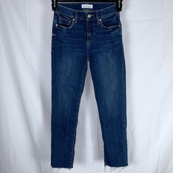 Loft Jeans Girlfriend Petite Super Soft Mid Rise Raw Hem Relaxed Fit Dark Indigo - Picture 2 of 8